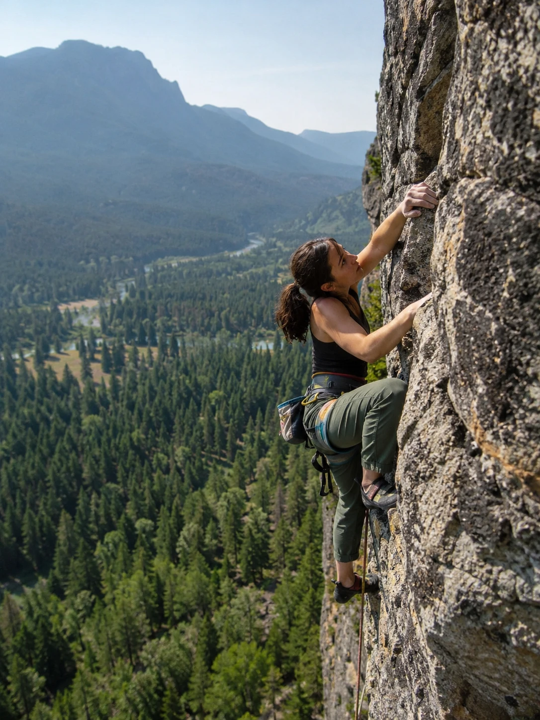 Climber on a rock face above a forested valley