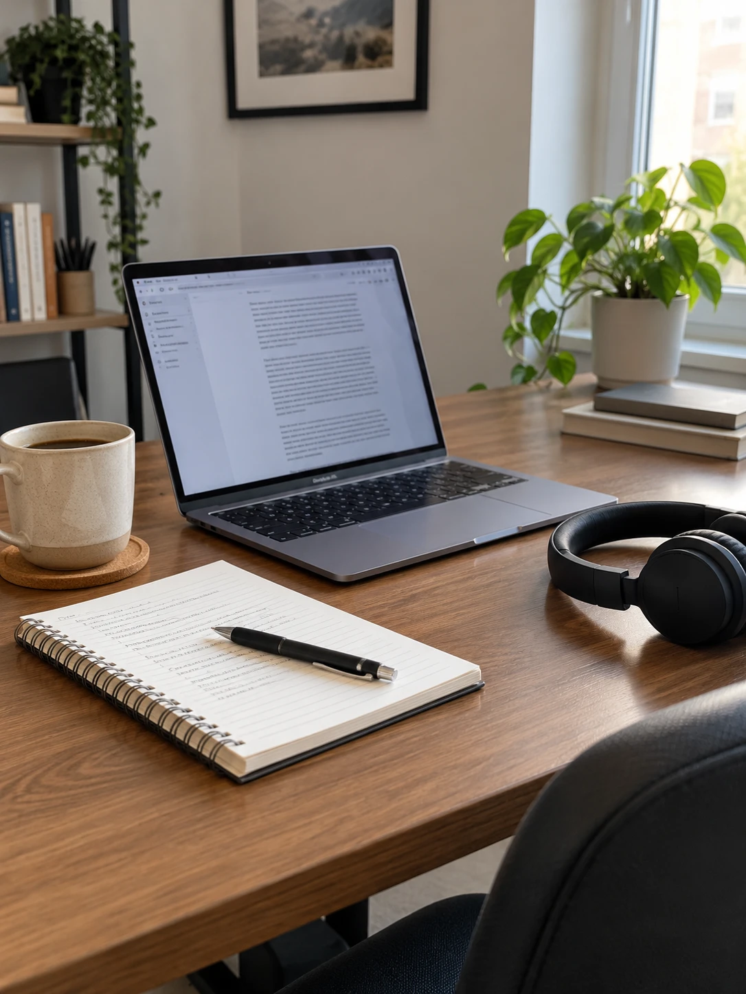 Desk with a laptop, notebook, coffee and headphones
