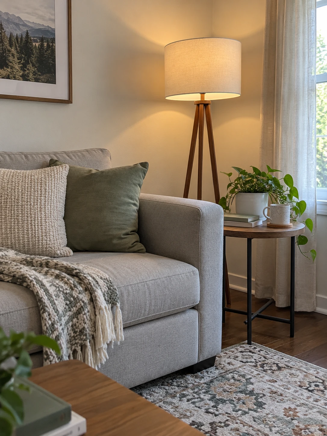 Living room corner with a sofa and floor lamp