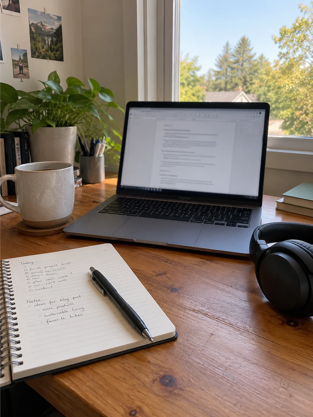 Desk by a window with a laptop and a handwritten list