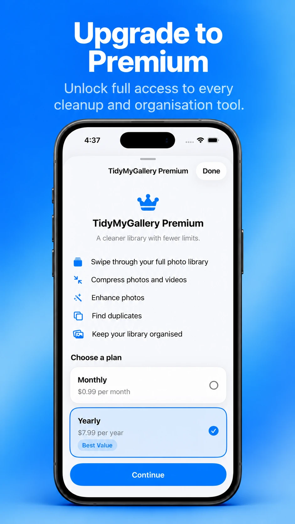 TidyMyGallery Premium screen on iPhone listing what Premium includes, with Monthly and Yearly plans.