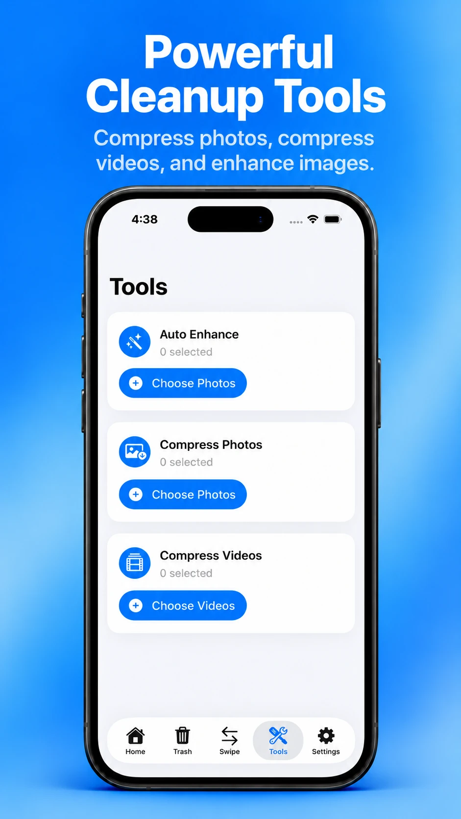 TidyMyGallery Tools screen on iPhone listing Auto Enhance, Compress Photos and Compress Videos.